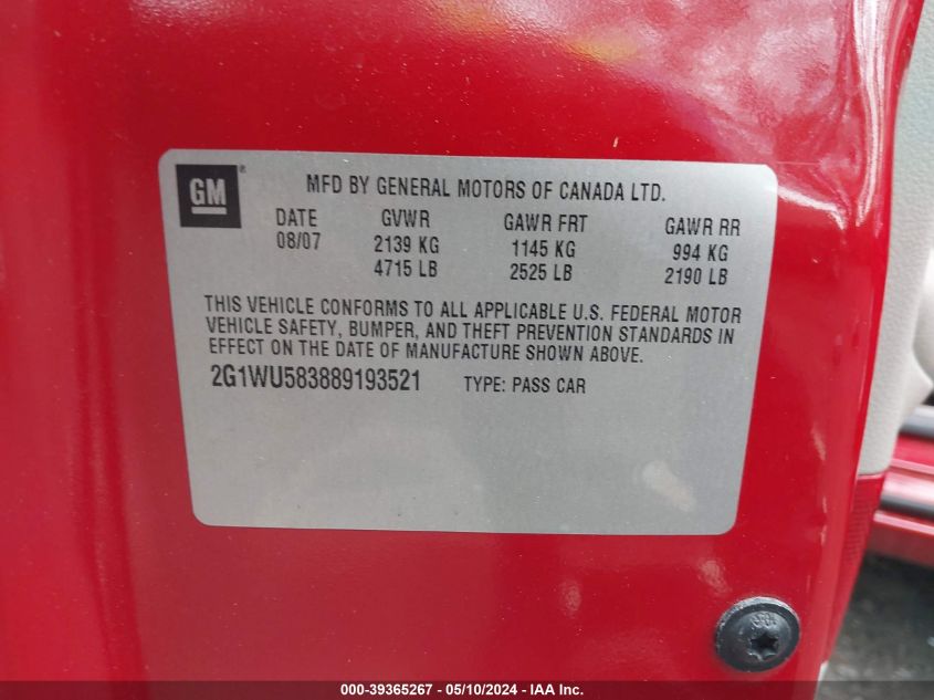 2008 Chevrolet Impala Ltz VIN: 2G1WU583889193521 Lot: 39365267