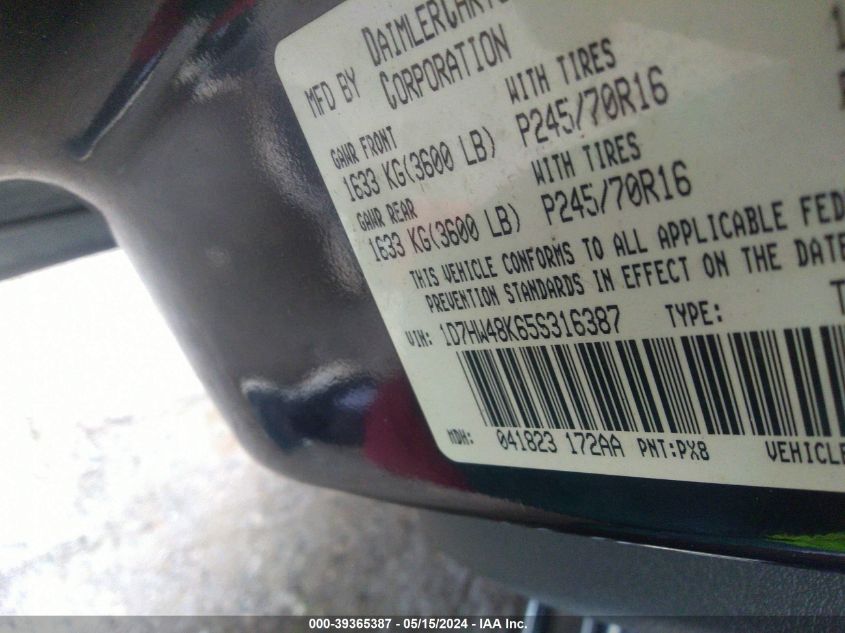 2005 Dodge Dakota Slt VIN: 1D7HW48K65S316387 Lot: 39365387