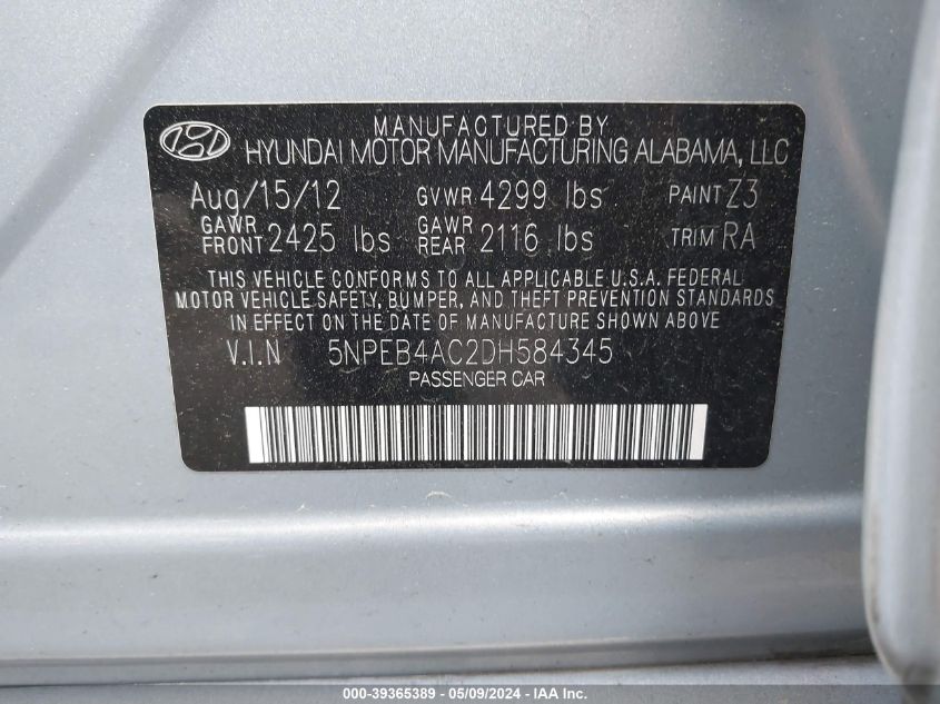 2013 HYUNDAI SONATA GLS - 5NPEB4AC2DH584345