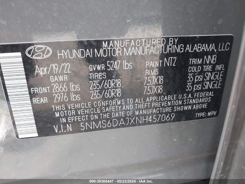 2022 Hyundai Santa Fe Xrt VIN: 5NMS6DAJXNH457069 Lot: 39365447