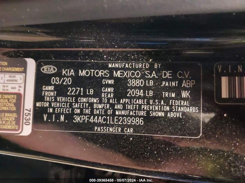 2020 Kia Forte Gt VIN: 3KPF44AC1LE239986 Lot: 39365458