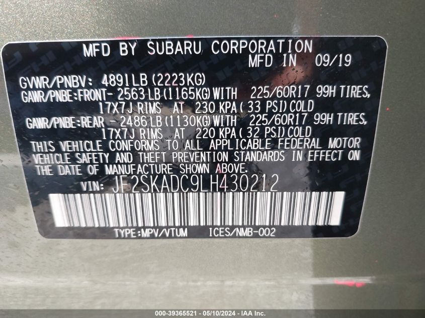 2020 Subaru Forester VIN: JF2SKADC9LH430212 Lot: 39365521