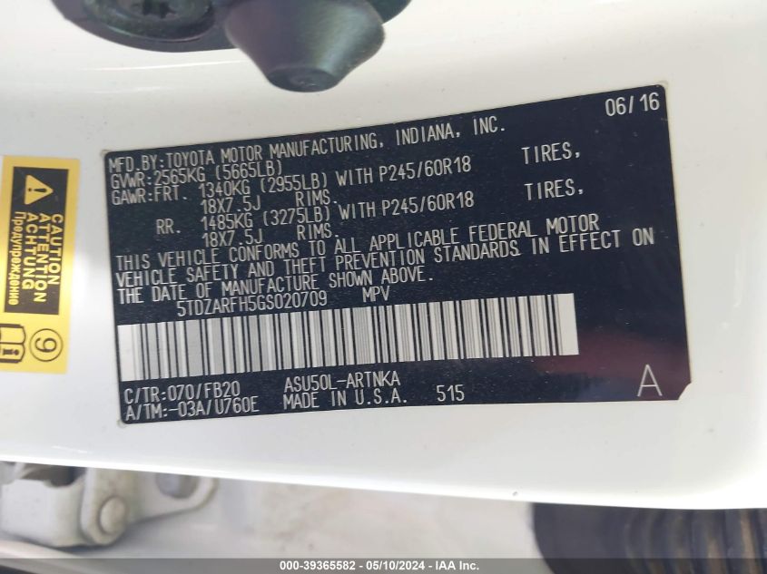 2016 Toyota Highlander Le VIN: 5TDZARFH5GS020709 Lot: 39365582