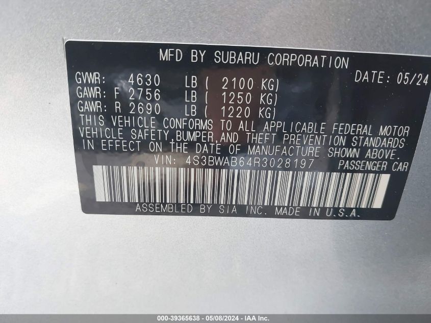 2024 Subaru Legacy VIN: 4S3BWAB64R3028197 Lot: 39365638