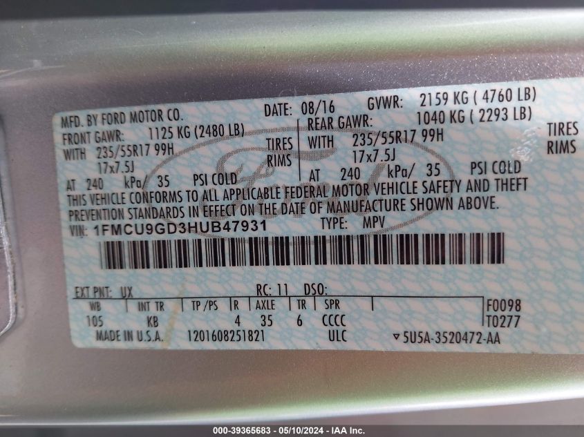 2017 Ford Escape Se VIN: 1FMCU9GD3HUB47931 Lot: 39365683