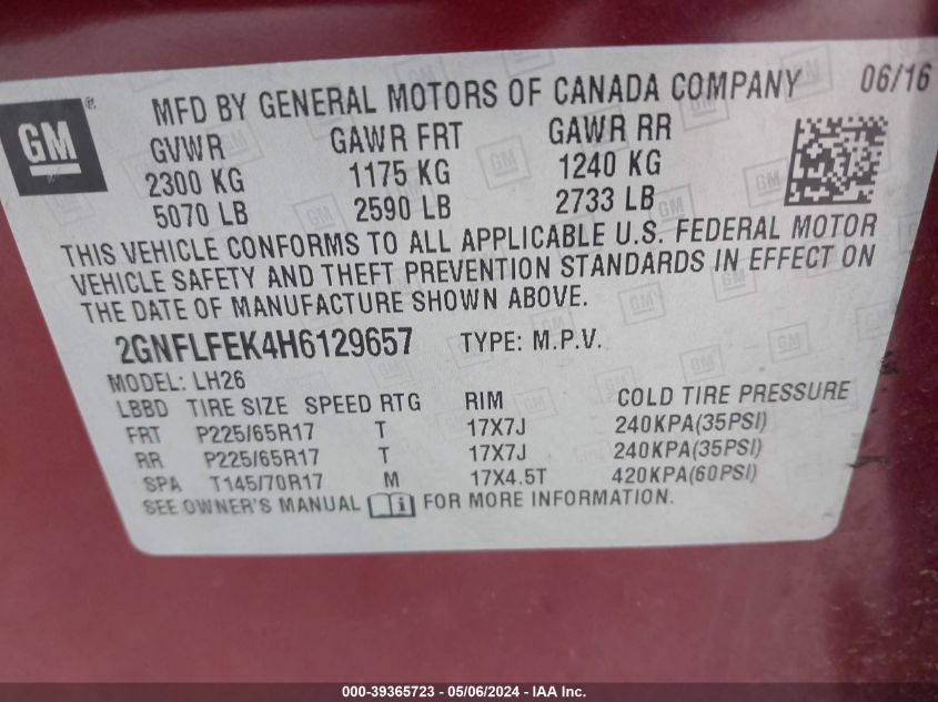 2GNFLFEK4H6129657 2017 Chevrolet Equinox Lt