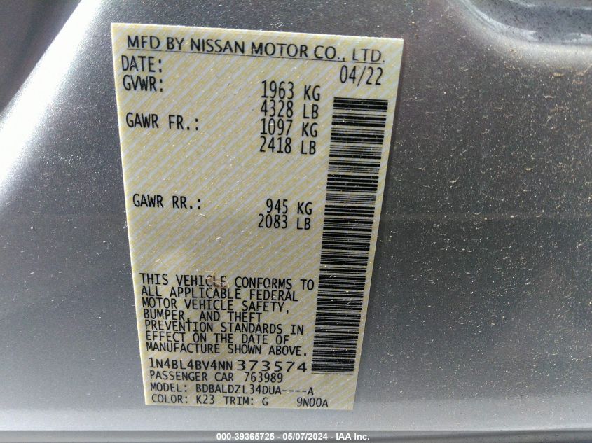 2022 Nissan Altima S Fwd VIN: 1N4BL4BV4NN373574 Lot: 39365725