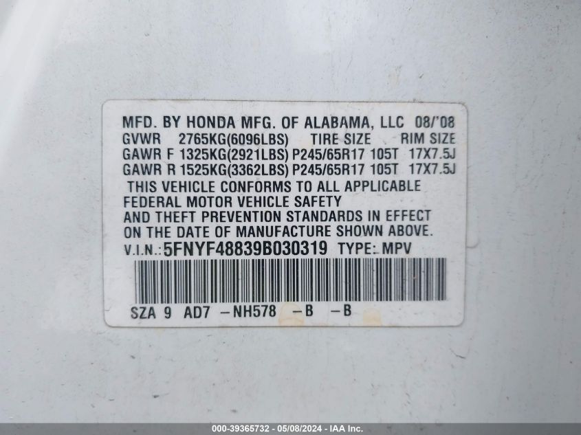 2009 Honda Pilot Touring VIN: 5FNYF48839B030319 Lot: 39365732