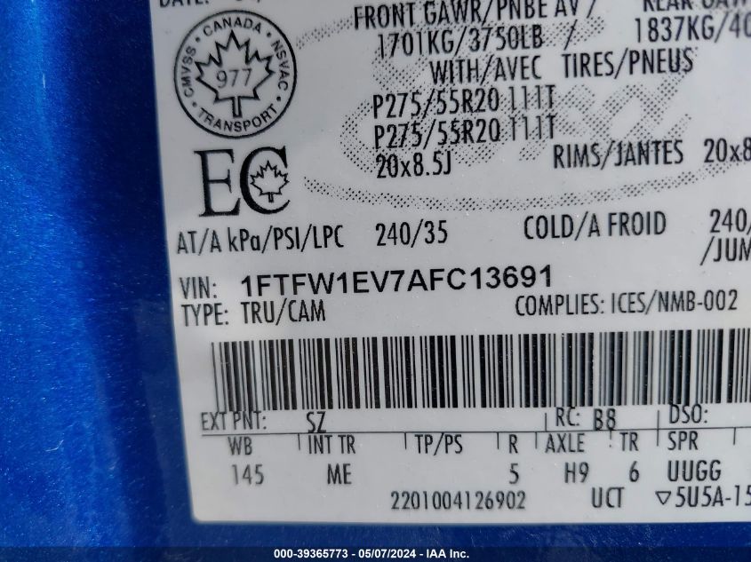 2010 Ford F-150 Fx4/Harley-Davidson/King Ranch/Lariat/Platinum/Xl/Xlt VIN: 1FTFW1EV7AFC13691 Lot: 39365773