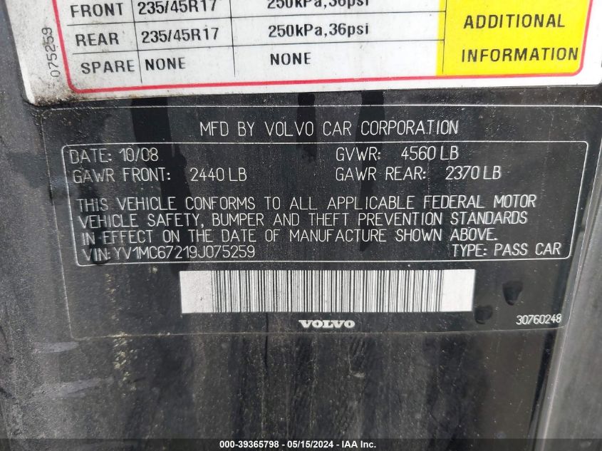 2009 Volvo C70 T5 VIN: YV1MC67219J075259 Lot: 39365798