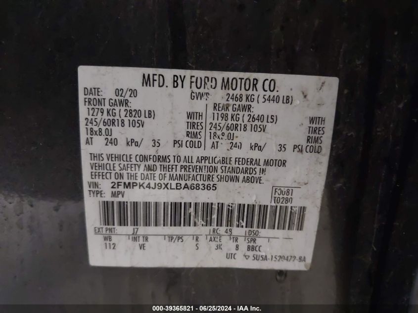 2020 Ford Edge Sel VIN: 2FMPK4J9XLBA68365 Lot: 39365821