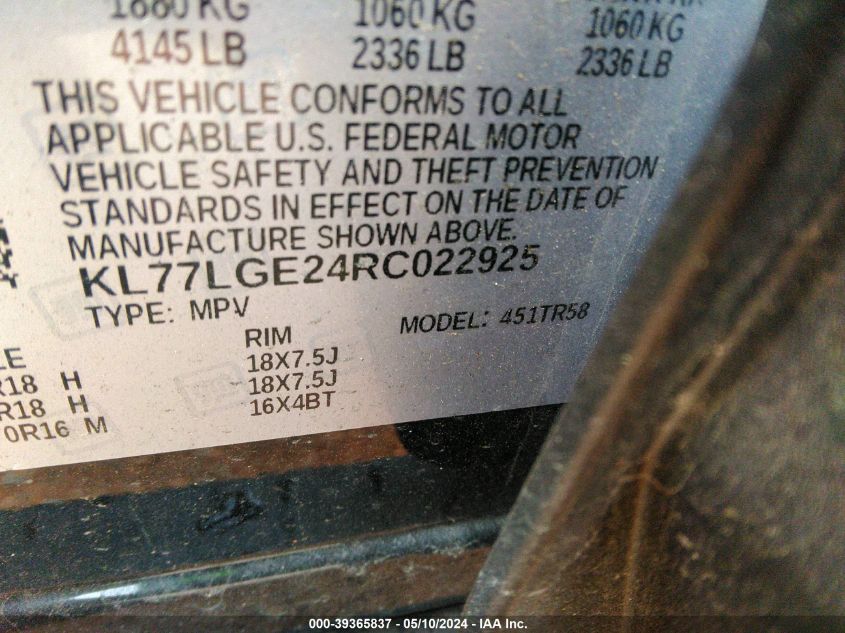 2024 Chevrolet Trax Fwd 1Rs VIN: KL77LGE24RC022925 Lot: 39365837