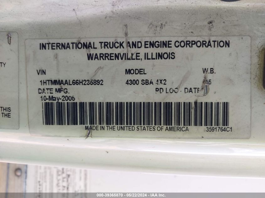 2006 International 4000 4300 VIN: 1HTMMAAL66H235892 Lot: 39365870