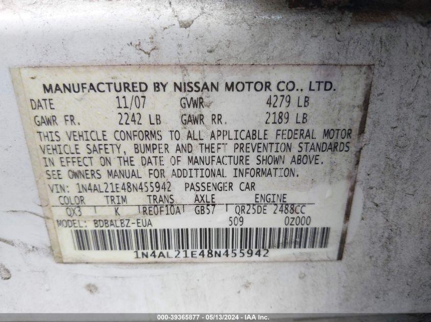 2008 Nissan Altima 2.5 S VIN: 1N4AL21E48N455942 Lot: 39365877