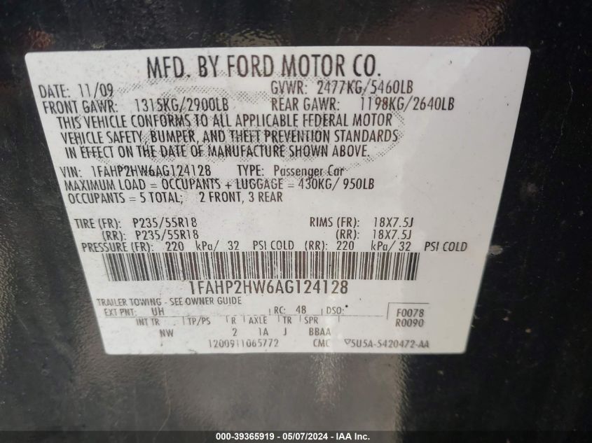 2010 Ford Taurus Sel VIN: 1FAHP2HW6AG124128 Lot: 39365919