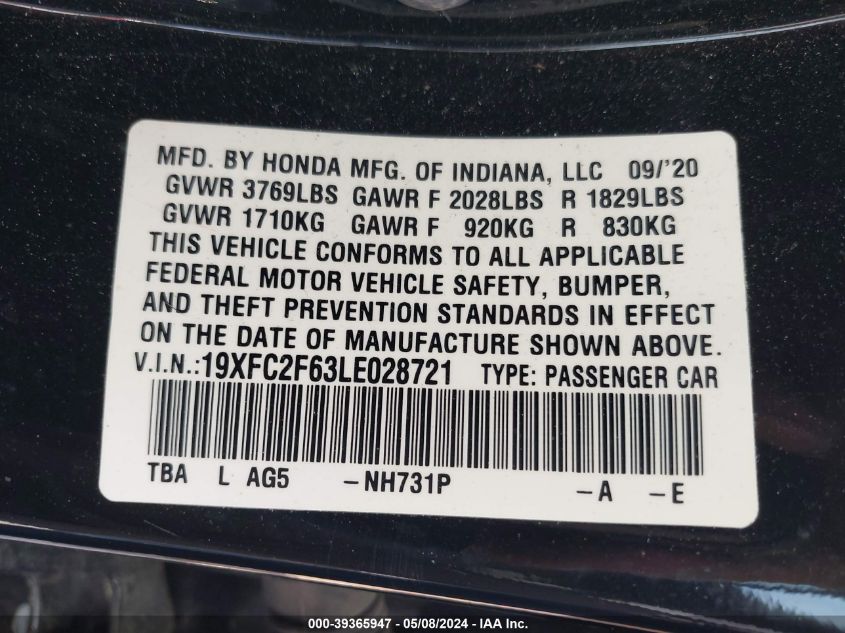 2020 Honda Civic Lx VIN: 19XFC2F63LE028721 Lot: 39365947