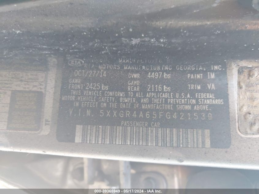 2015 Kia Optima Sxl Turbo VIN: 5XXGR4A65FG421539 Lot: 39365949