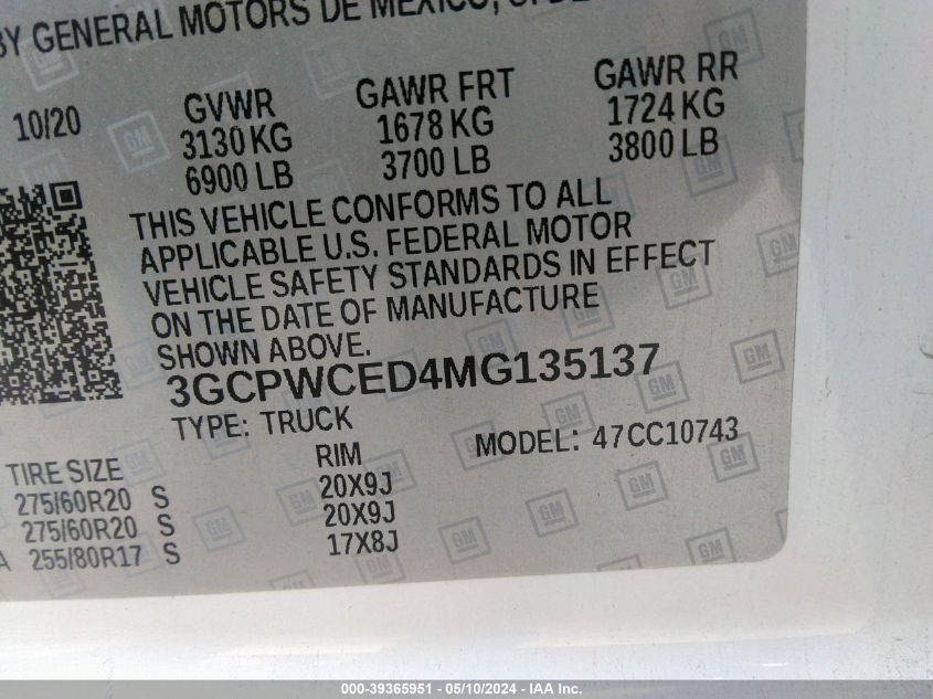 2021 Chevrolet Silverado 1500 2Wd Standard Bed Lt VIN: 3GCPWCED4MG135137 Lot: 39365951