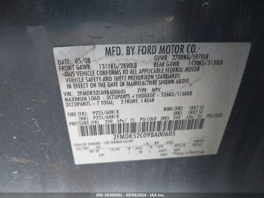 2009 Ford Flex Sel VIN: 2FMDK52C09BA00605 Lot: 39365953