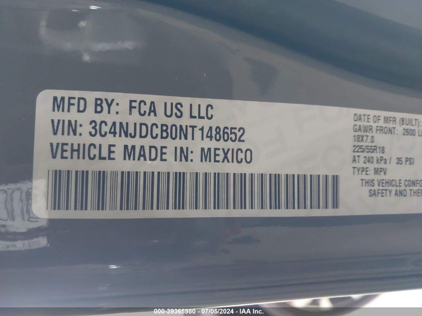 2022 Jeep Compass Limited 4X4 VIN: 3C4NJDCB0NT148652 Lot: 39365980
