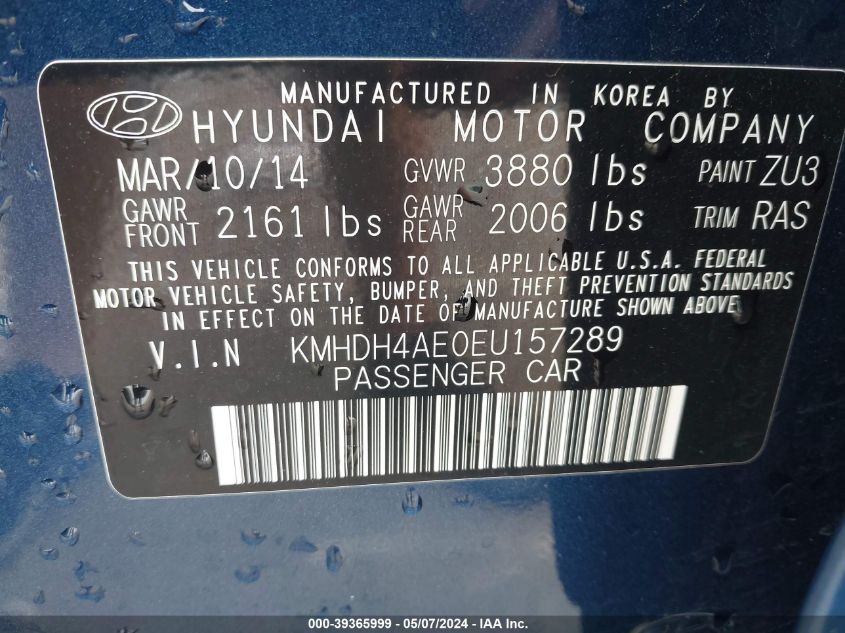 2014 Hyundai Elantra Se VIN: KMHDH4AE0EU157289 Lot: 39365999