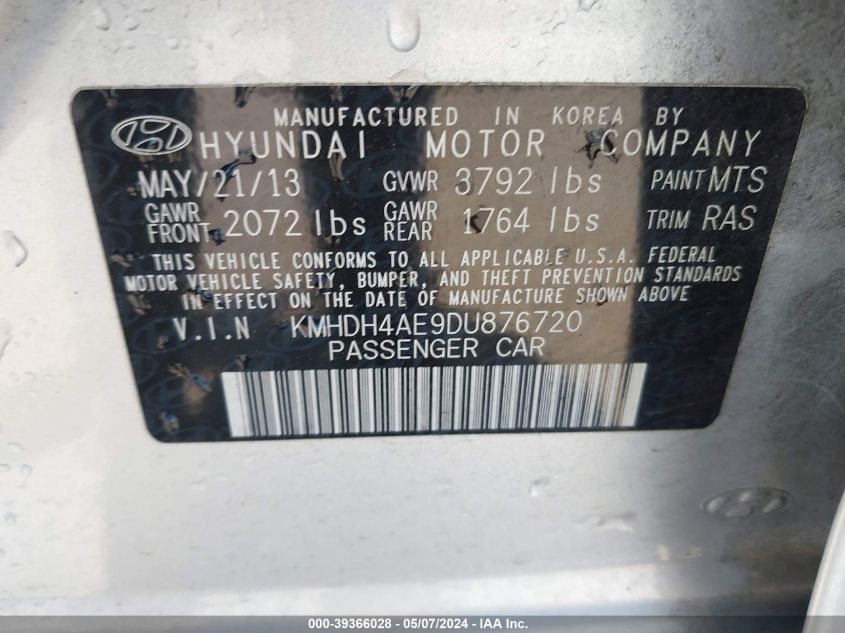 2013 Hyundai Elantra Gls VIN: KMHDH4AE9DU876720 Lot: 39366028