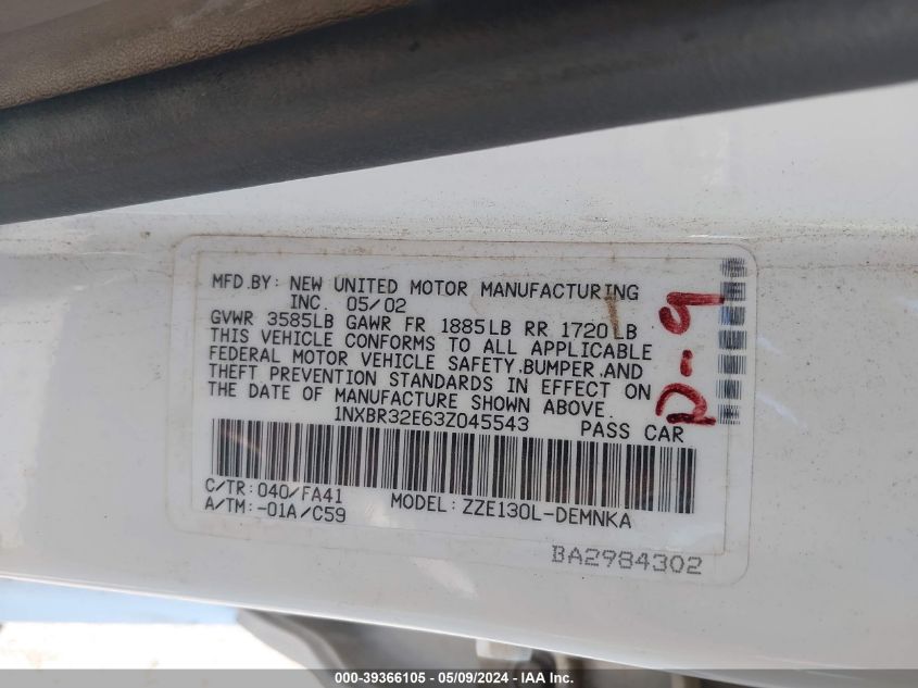 2003 Toyota Corolla Le VIN: 1NXBR32E63Z045543 Lot: 39366105