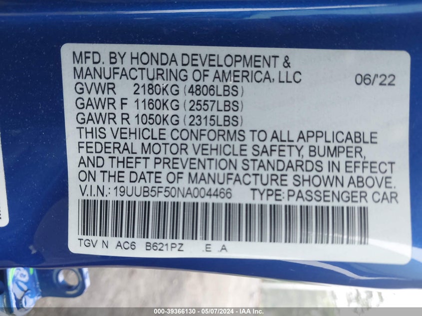 2022 ACURA TLX 2.0L I4   N(VIN: 19UUB5F50NA004466