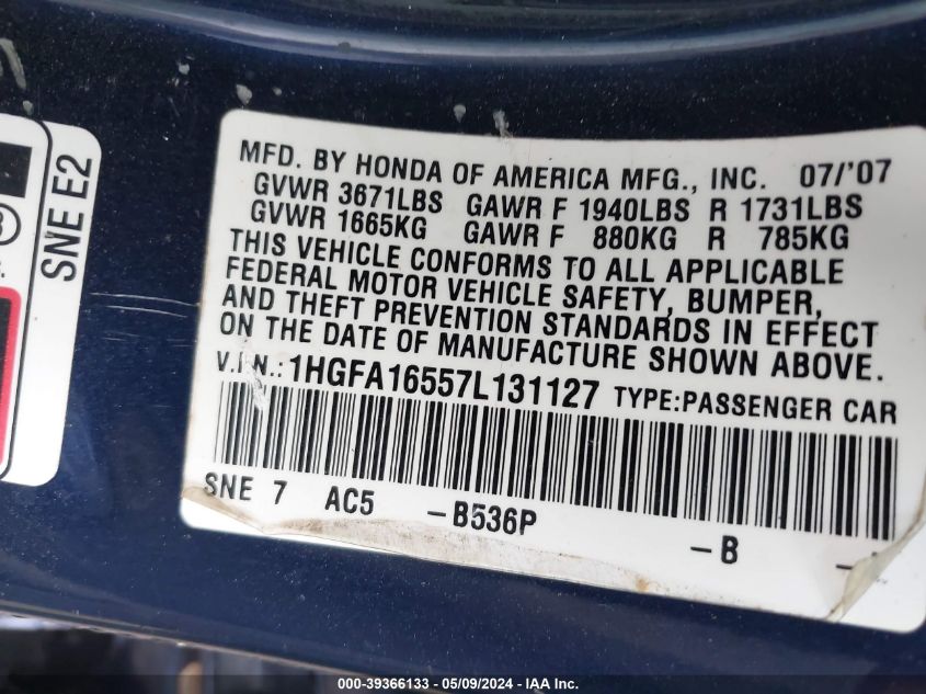 2007 Honda Civic Lx VIN: 1HGFA16557L131127 Lot: 39366133