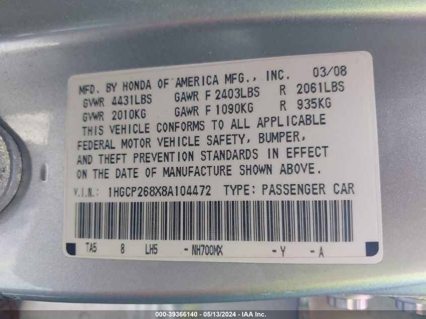 2008 Honda Accord 2.4 Ex-L VIN: 1HGCP268X8A104472 Lot: 39366140