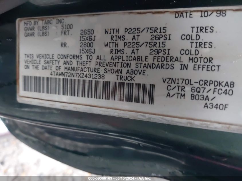 1999 Toyota Tacoma VIN: 4TAWN72N7XZ431238 Lot: 39366169