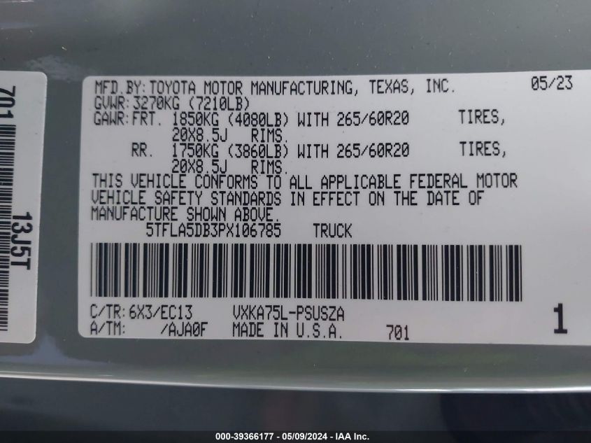 2023 Toyota Tundra Sr5 VIN: 5TFLA5DB3PX106785 Lot: 39366177