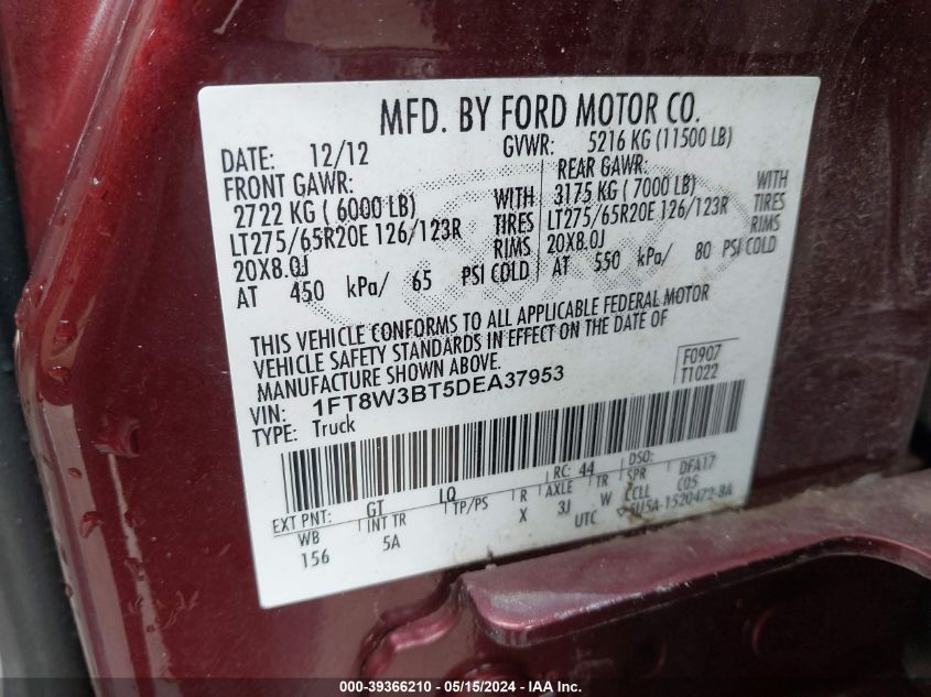 2013 Ford F-350 Lariat VIN: 1FT8W3BT5DEA37953 Lot: 39366210