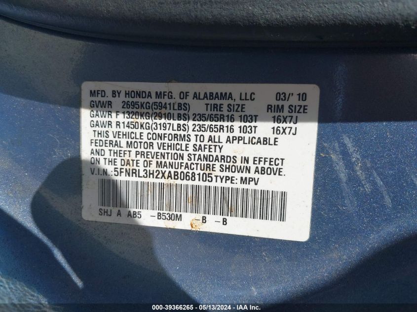 2010 Honda Odyssey Lx VIN: 5FNRL3H2XAB068105 Lot: 39366265