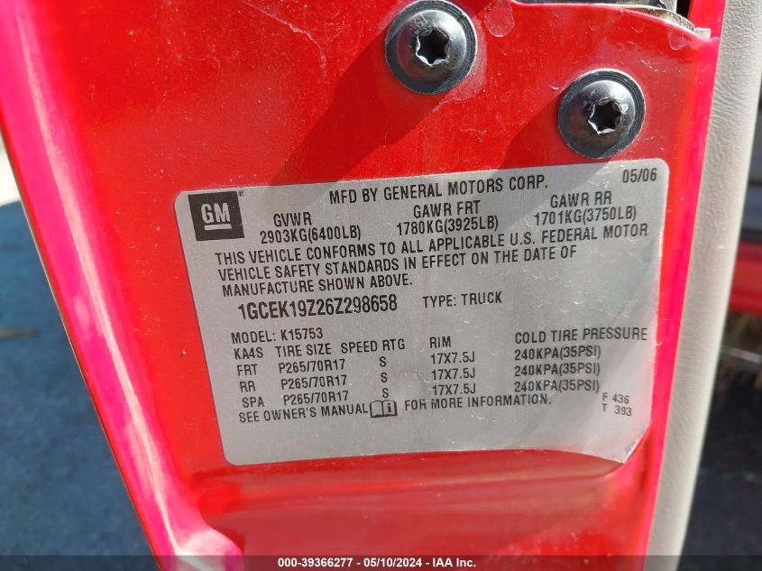 2006 Chevrolet Silverado 1500 Lt3 VIN: 1GCEK19Z26Z298658 Lot: 39366277