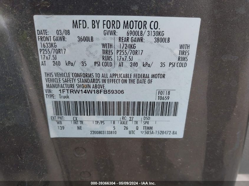 1FTRW14W18FB59306 | 2008 FORD F-150