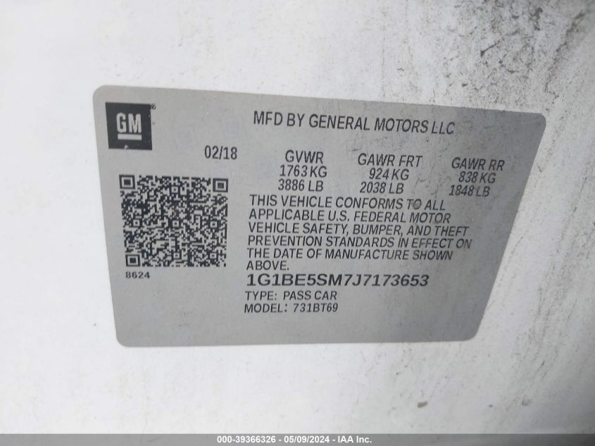 2018 Chevrolet Cruze Lt Auto VIN: 1G1BE5SM7J7173653 Lot: 39366326