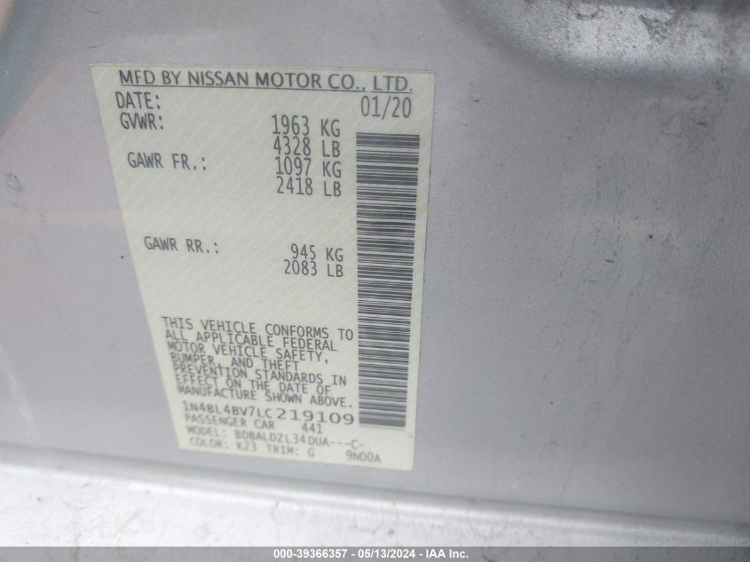 2020 Nissan Altima S Fwd VIN: 1N4BL4BV7LC219109 Lot: 39366357