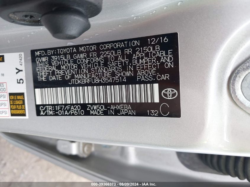 2017 Toyota Prius Two VIN: JTDKBRFU8H3547514 Lot: 39366373