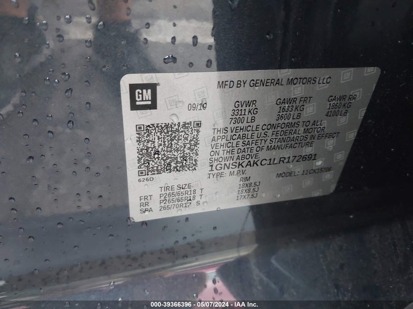 2020 CHEVROLET TAHOE K1500 LS - 1GNSKAKC1LR172691