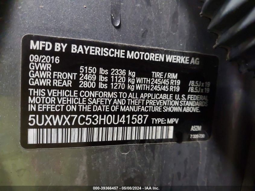 2017 BMW X3 xDrive35I VIN: 5UXWX7C53H0U41587 Lot: 39366457