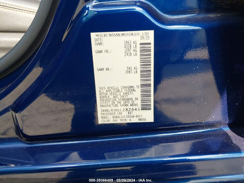 2020 Nissan Altima Sr Fwd VIN: 1N4BL4CVXLC282445 Lot: 39366459