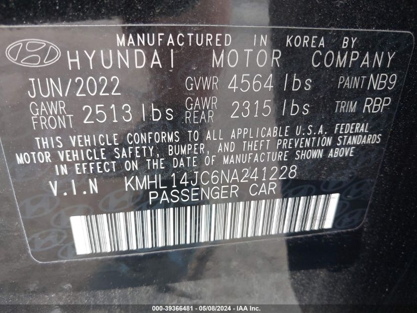 2022 Hyundai Sonata N Line VIN: KMHL14JC6NA241228 Lot: 39366481