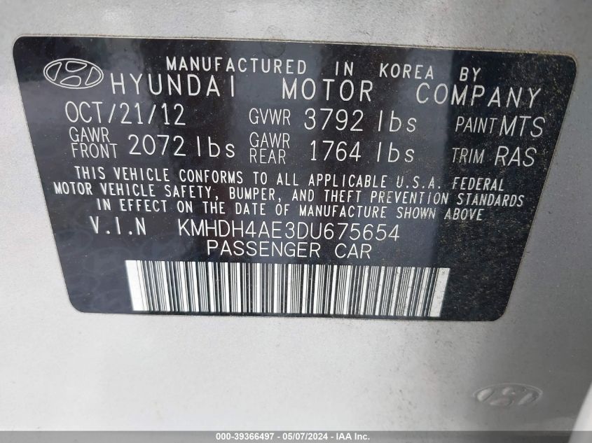 2013 Hyundai Elantra Gls VIN: KMHDH4AE3DU675654 Lot: 39366497