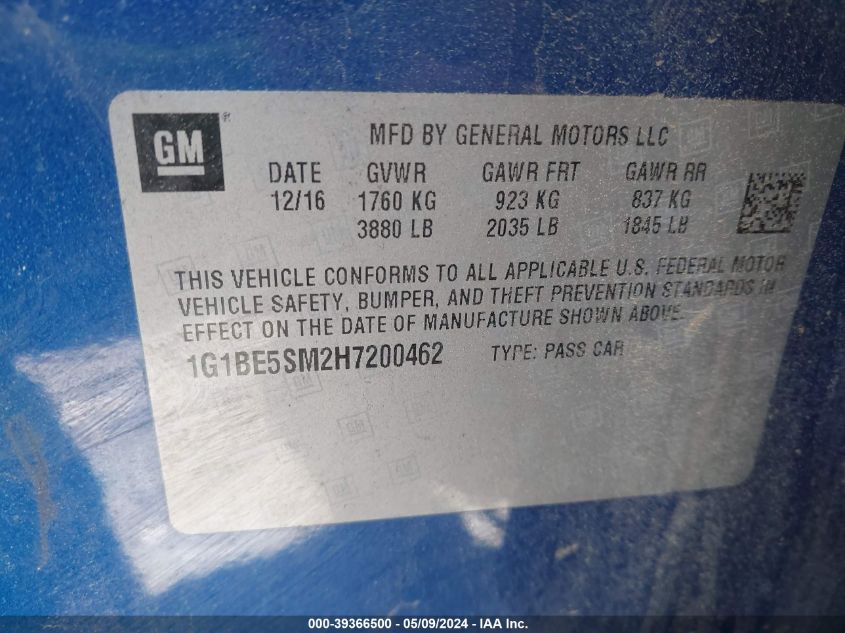 2017 Chevrolet Cruze Lt Auto VIN: 1G1BE5SM2H7200462 Lot: 39366500