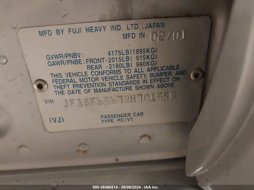 2002 Subaru Forester S VIN: JF1SF65672H701958 Lot: 39366514