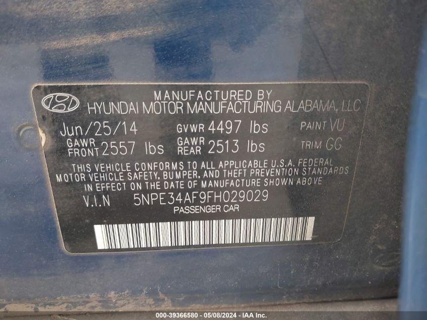 2015 Hyundai Sonata Limited VIN: 5NPE34AF9FH029029 Lot: 39366580