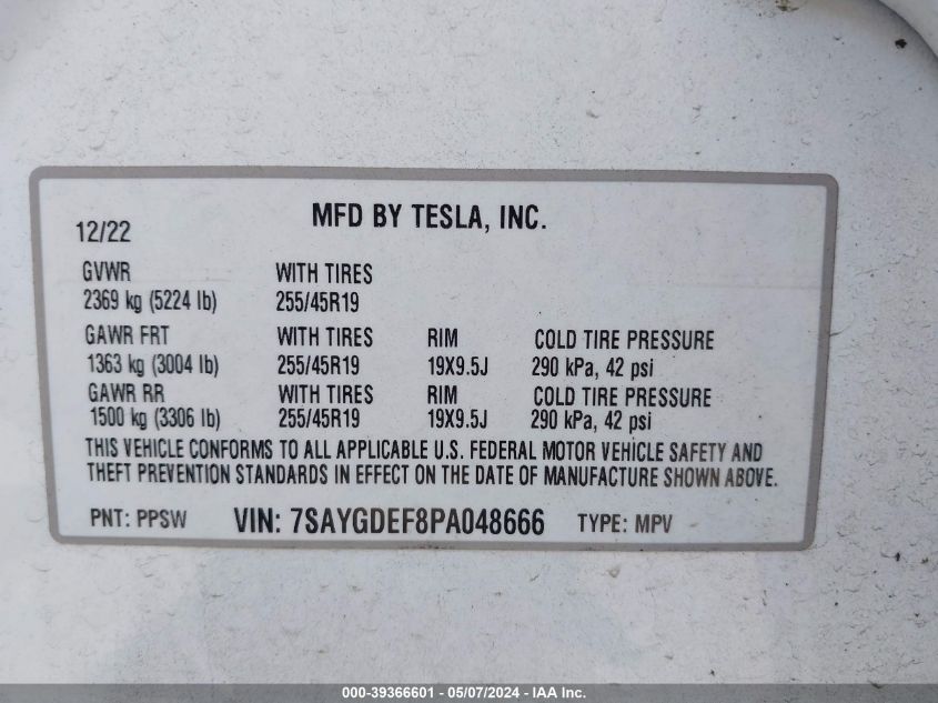 7SAYGDEF8PA048666 2023 Tesla Model Y