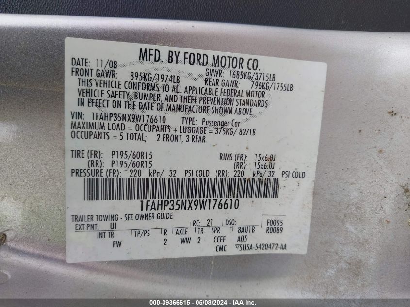 1FAHP35NX9W176610 | 2009 FORD FOCUS