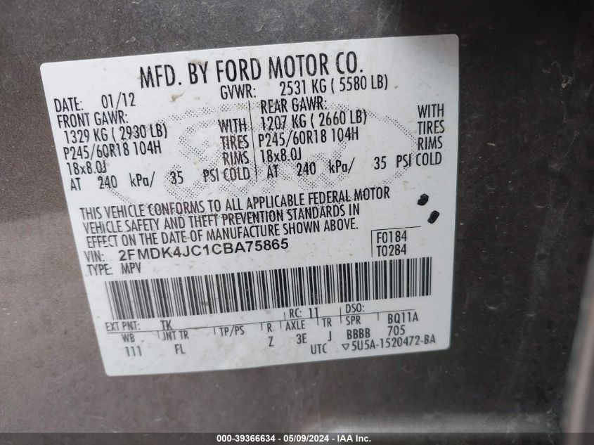 2012 Ford Edge Sel VIN: 2FMDK4JC1CBA75865 Lot: 39366634